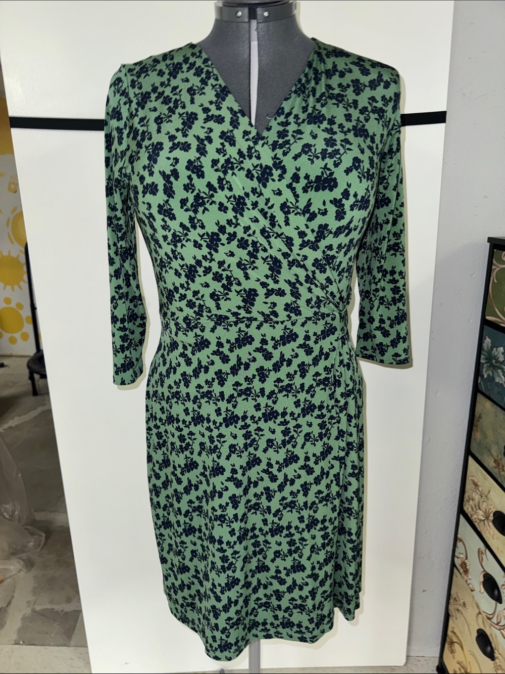 NWOT Green Floral Wrap Midi Dress with Navy Print